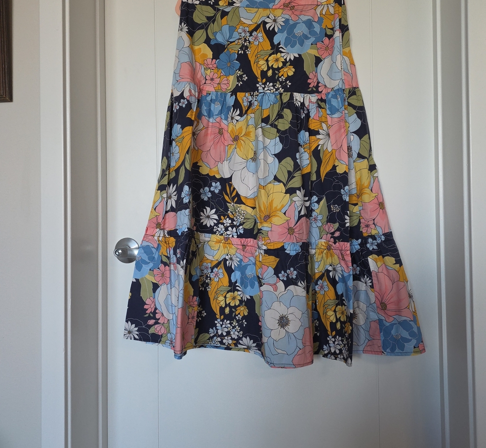 Floral Tiered Midi Skirt in Navy with Multicolor Blooms